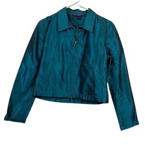 Ralph Lauren‎ Women's Vintage Metallic Zip-Up Motto Blue Jacket. Size 8.